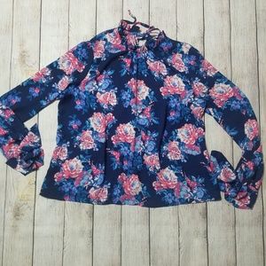 WAYF Nordstrom Blue Floral Print Top w Tie Sleeves